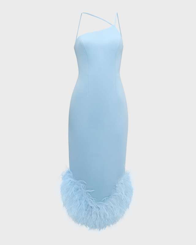 Sleeveless Asymmetric Feather-Trim Midi Dress